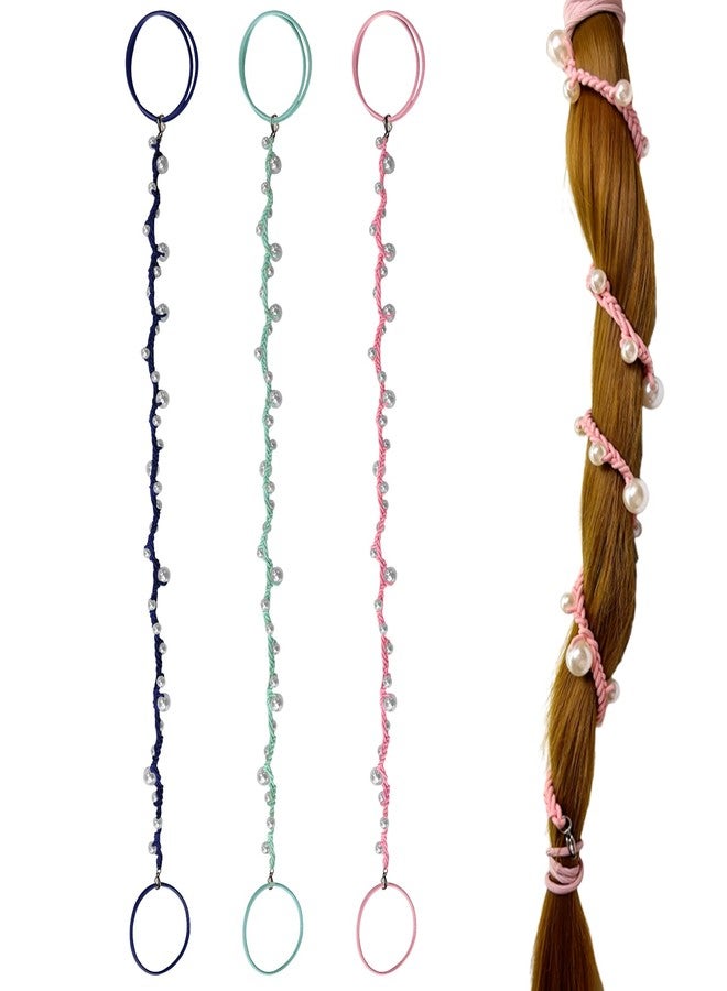 DAOSUN Cute Pearl Hair Ties for Women Hand Braided Sport Ponytail Holders Long Pony Tail Wrap for Workouts, Daily Use, Beach,Swim,Surf,Diving Tangle Free Hair Accessories -25" 3 Packs,Navy Blue/Pink/Green - Image 1